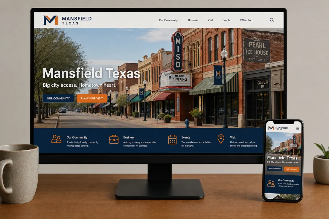 A custom Mansfield small business website shown on a desktop monitor and a smartphone